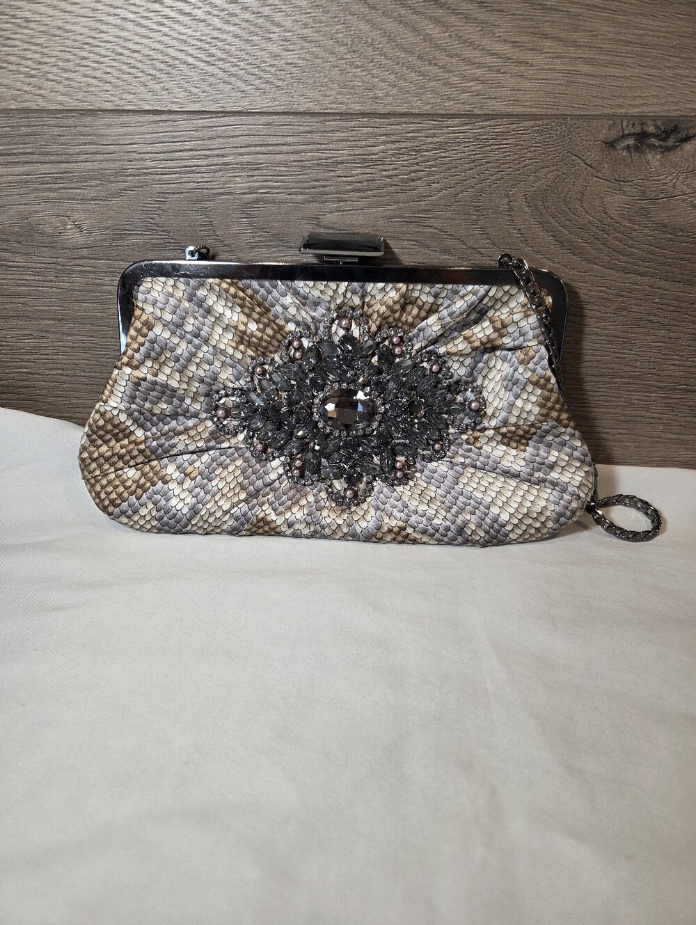 Aria by Mary Frances Silk Snake Print Clutch 💎 Embellished
